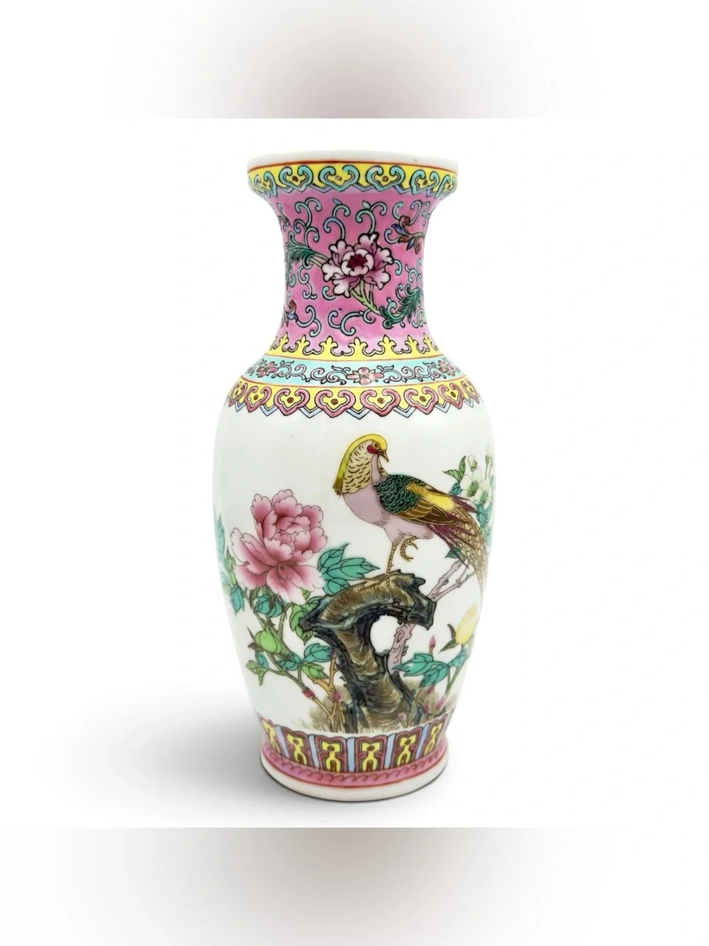 Vintage Chinese Porcelain Poem Vase Jingdezhen Famille Rose Peacock & Peony